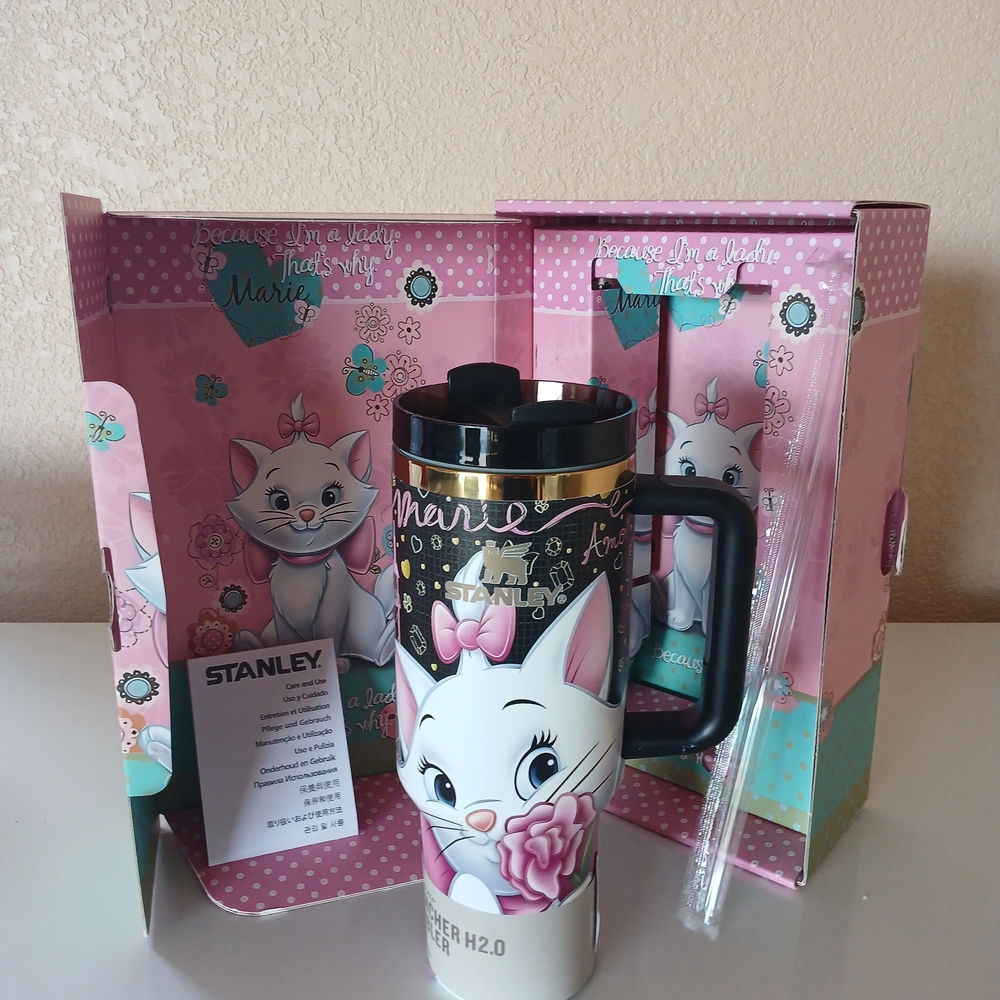 New 40 Oz Stanley Marie Cat Tumbler with Straw - Pink and Black - Picture 2 of 3